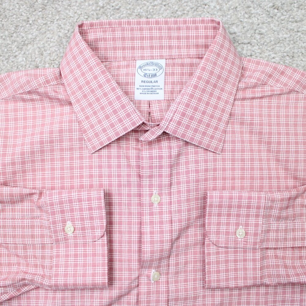 Brooks Brothers Shirt Mens 16 1/2, 33 Red Regular Non-Iron Stretch Supima Cotton